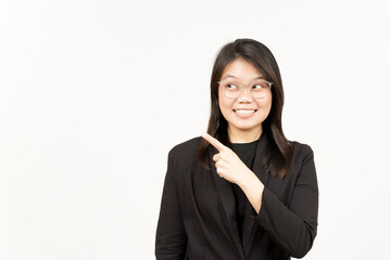 Showing Product and Pointing Side Of Beautiful Asian Woman Wearing Black Blazer Isolated On White