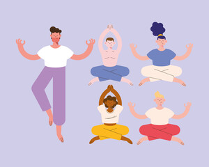 five persons practicing yoga