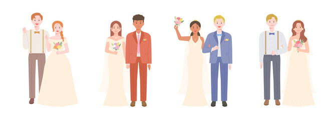 Fototapeta na wymiar Collection of characters of the bride and groom of different races in wedding dresses. flat design style vector illustration.