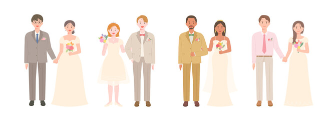 Fototapeta na wymiar Collection of cute bride and groom characters in wedding dresses. flat design style vector illustration.
