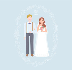 Wedding invitation with cute groom and bride characters standing. flat design style vector illustration.