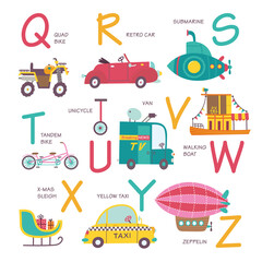 Vector alphabet transport in cartoon style.Q, R, S, T, U, V, W, X, Y, Z,. Part 3.