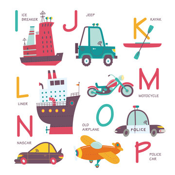 Vector alphabet transport in cartoon style. I, J, K, L, M, N, O, P. Part 2.