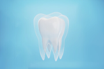Clean healthy teeth with barrier on blue background. Dental Tooth protection concept. 3D rendering