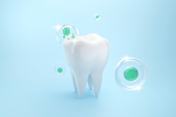 Clean healthy teeth with cleaning bubble for dental and tooth care concept. 3D rendering