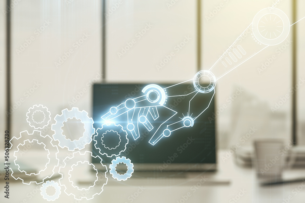 Leinwandbilder creative concept of robotics technology on modern laptop background. robot development and automatio