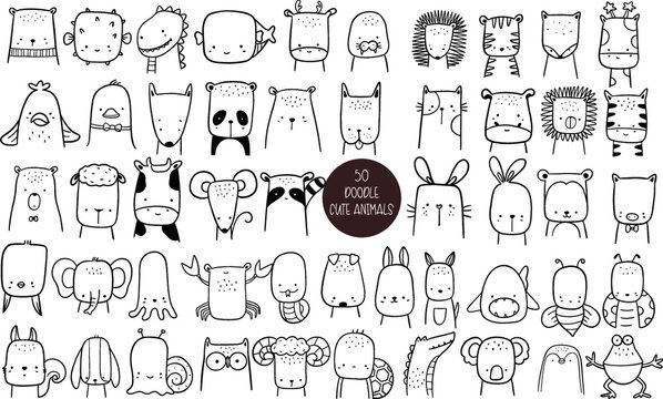 50 Face Animals cartoon Bundle,Big collection of decorative for kids,baby characters,
card,hand drawn,doodle,clipart,
cartoon style.vector illustration  