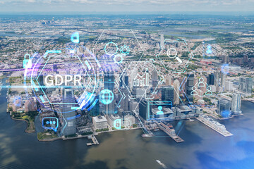 Plakat Aerial panoramic helicopter city view of New Jersey City financial Downtown skyscrapers. GDPR hologram, concept of data protection regulation and privacy for all individuals