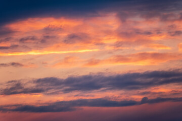 Dramatic cloudy sky background. Orange cloudy sunset sky.