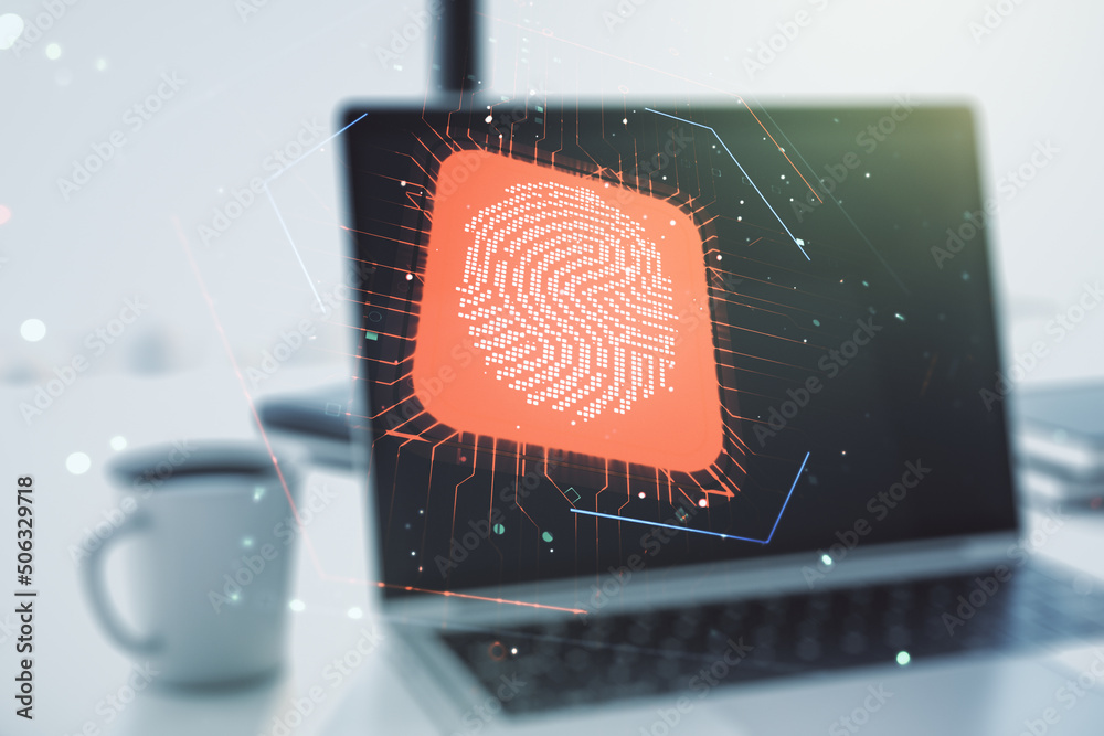 Poster Double exposure of abstract creative fingerprint hologram on computer background, protection of personal information concept