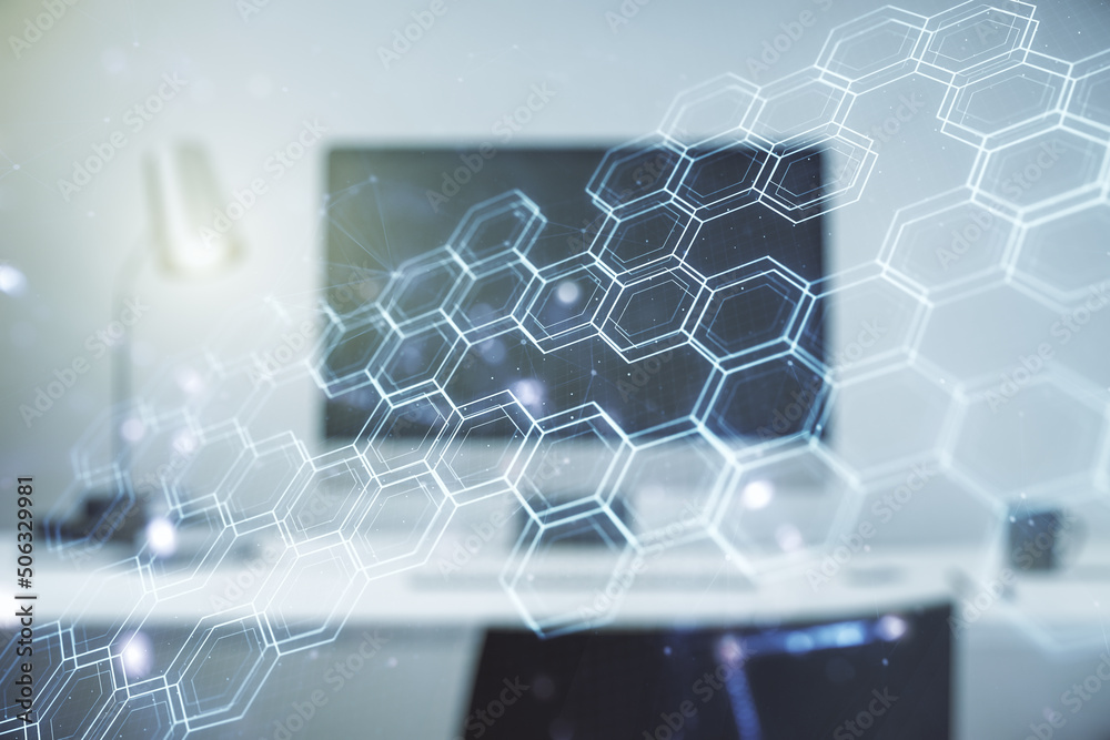 Poster double exposure of technology hologram with hexagon on laptop background. research and development s