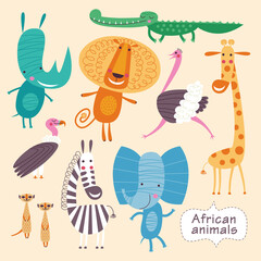 Cute AFRICAN animals on a dark background. Childish vector illustration of crocodile, elephant, lion, zebra, rhino, giraffe, etc.
