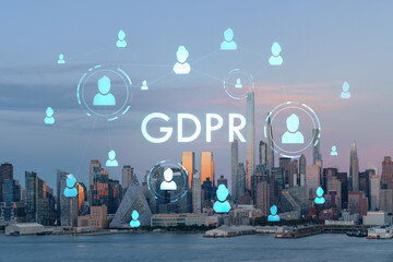 New York City skyline from New Jersey over Hudson River, Midtown Manhattan skyscrapers at sunset, USA. GDPR hologram, concept of data protection, regulation and privacy for all individuals