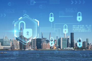 New York City skyline, United Nation headquarters over the East River, Manhattan, Midtown at day time, NYC, USA. The concept of cyber security to protect confidential information, padlock hologram