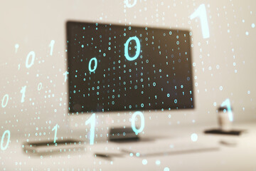 Double exposure of creative abstract binary code hologram on laptop background. Database and programming concept