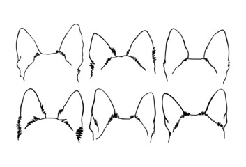 Shepherd dog ears. Black and white outline illustrations isolated.