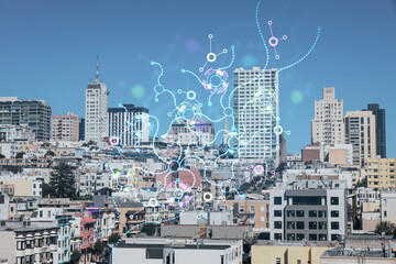 Panoramic cityscape view of San Francisco financial downtown from rooftop, day time, California, United States. Artificial Intelligence, hologram. AI, machine learning, neural network, robotics