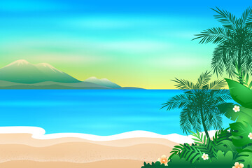 Fototapeta na wymiar Beautiful daytime Beach landscape Cartoon illustration
