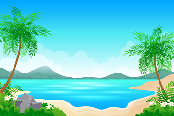 Obraz na płótnie Canvas Daytime of the ocean or Beach landscape Cartoon illustration