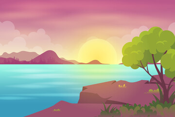 Fototapeta na wymiar Sunset beach landscape with hill Cartoon illustration