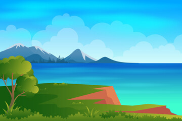 Océan ou plage avec illustration de dessin animé de paysage de falaise