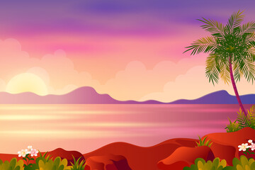 Sunset or sunrise on beach, tropical landscape Cartoon illustration