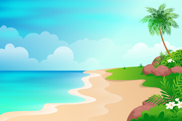 Fototapeta na wymiar Tropical seascape of blue ocean and palm tree Cartoon illustration