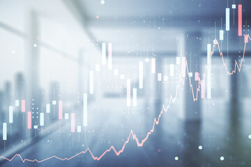 Abstract virtual financial graph hologram on empty corporate office background, forex and investment concept. Multiexposure