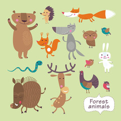 Cute forest animals on a green background. Childish vector illustration of fox, deer, wolf, bear, birds, owl, squirrel, snake, boar, hare and hedgehog.