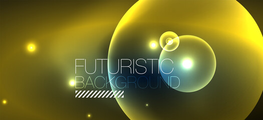 Shiny neon geometric abstract background. Glowing lights on round shapes, triangles and circles. Wallpaper for concept of AI technology, blockchain, communication, 5G, science, business