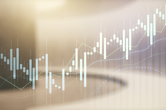 Multi exposure of abstract virtual financial graph hologram on empty corporate office background, forex and investment concept