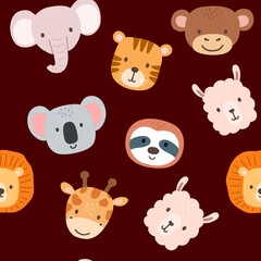 Seamless pattern with cute portrait animals head in cartoon style. Drawing african baby lion, giraffe and elephant faces isolated on dark background. Jungle animal