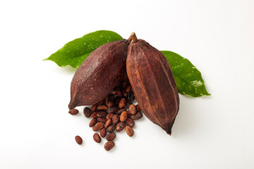 Cocoa pods with Cocoa leave and seeds
