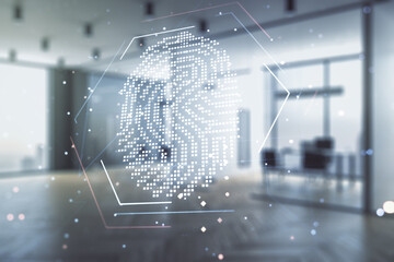 Multi exposure of virtual creative fingerprint hologram on modern corporate office background, personal biometric data concept