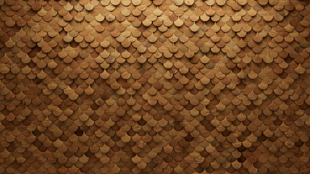 Natural, Fish Scale Wall background with tiles. Timber, tile Wallpaper with 3D, Wood blocks. 3D Render