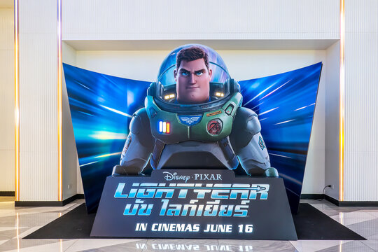 Bangkok, Thailand - May 10, 2022: A beautiful standee of a movie called Lightyear Display at the cinema to promote the movie Cinema promotional advertisement, or film industry marketing concept