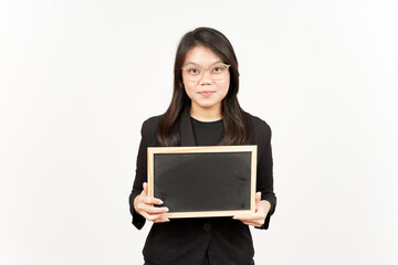 Fototapeta premium Showing, Presenting and holding Blank Blackboard Of Beautiful Asian Woman Wearing Black Blazer