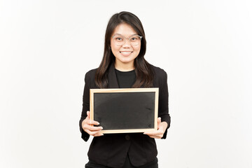 Fototapeta premium Showing, Presenting and holding Blank Blackboard Of Beautiful Asian Woman Wearing Black Blazer