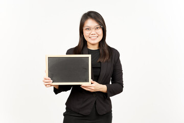 Fototapeta premium Showing, Presenting and holding Blank Blackboard Of Beautiful Asian Woman Wearing Black Blazer