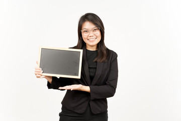 Showing, Presenting and holding Blank Blackboard Of Beautiful Asian Woman Wearing Black Blazer