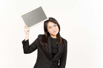 Showing, Presenting and holding Blank Blackboard Of Beautiful Asian Woman Wearing Black Blazer