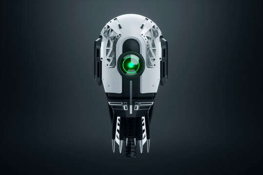 Cyborg robot head isolated on black background. new technologies, artificial intelligence, replacement of people, robotics. 3D render, 3D illustration.