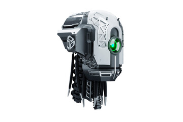 Naklejka premium Cyborg robot head isolated on white background. new technologies, artificial intelligence, replacement of people, robotics. 3D render, 3D illustration.