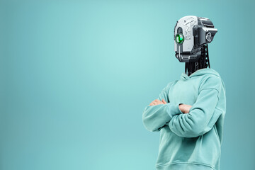 A man with a robot head, a cyborg. Robotics, new normal, future, technology. mixed media.