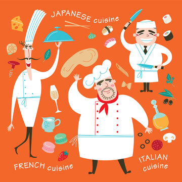 Funny Italian chef and ingredients of traditional cuisine. Cartoon style vector template.
