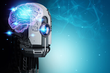 Cyborg robot head with brain hologram image, neural networks. Artificial intelligence Modern technologies of neural networks. 3D render, 3D illustration.