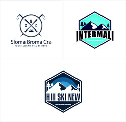 A set of badge sport logo design template element with symbol mountain hill and stick ski art line vector illustration isolated on white background