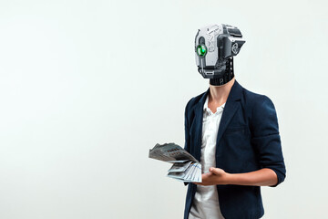 A man with a robot head, a cyborg. Robotics, new normal, future, technology. mixed media.