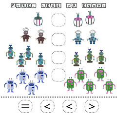 math problem: Greater, less, or equal. Count the number of cartoon colored  robots and compare. Educational math game for children.
