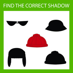 Find correct shadow with clothes,  hat.  Kids educational game. 
